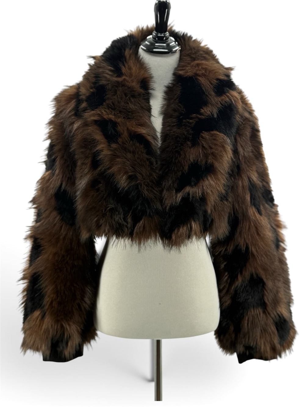 Azalea Wang Nightlife Brown Multi Faux Fur Cropped Jacket Coat Large - Picture 11 of 11
